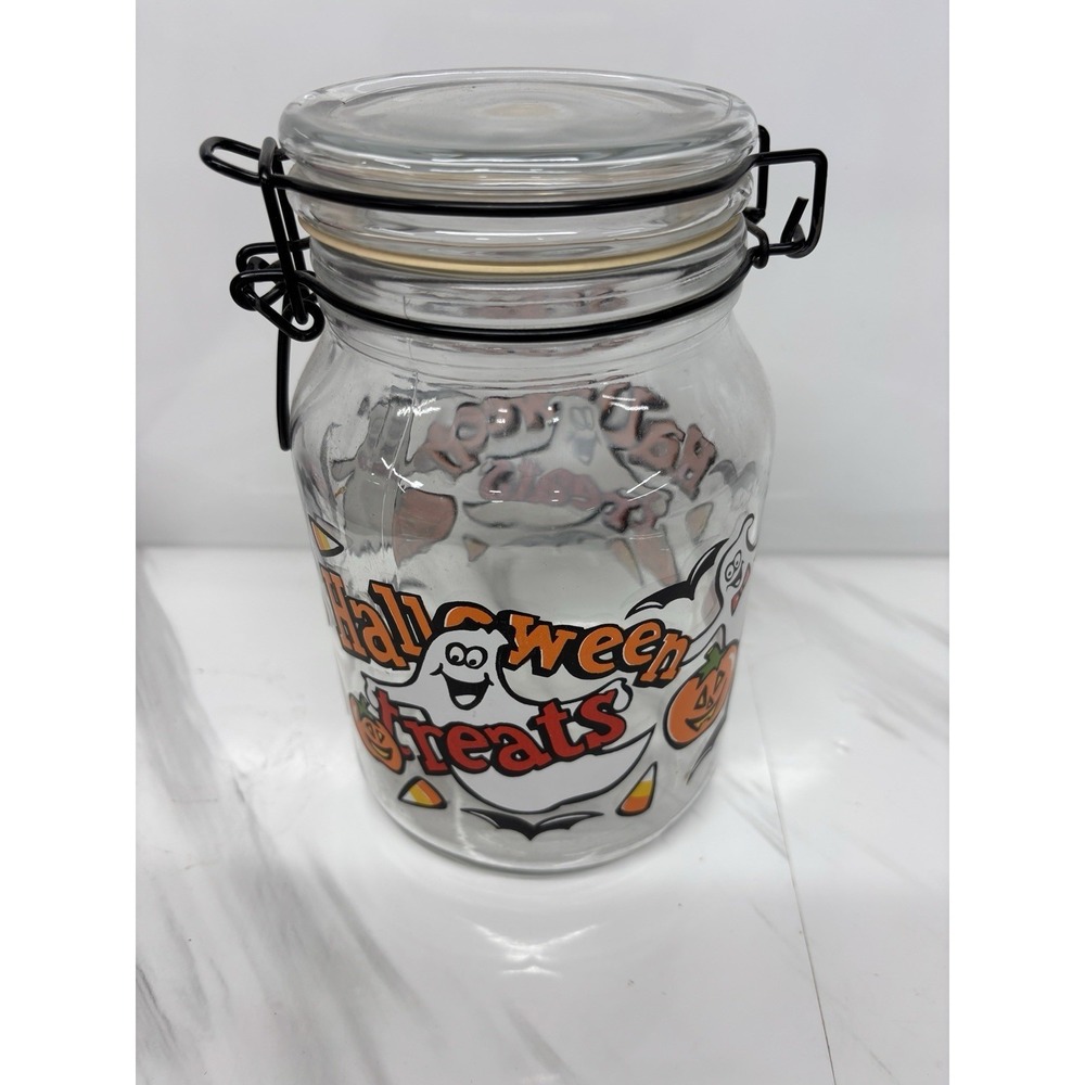 Vintage Anchor Hocking Halloween Treats Glass Canister Candy Jar Container